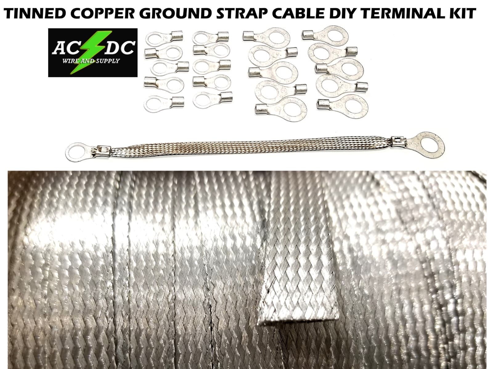 10' TINNED Copper Ground Strap Cable KIT + DIY Terminal Kit 3/8" FLAT Braid Wire