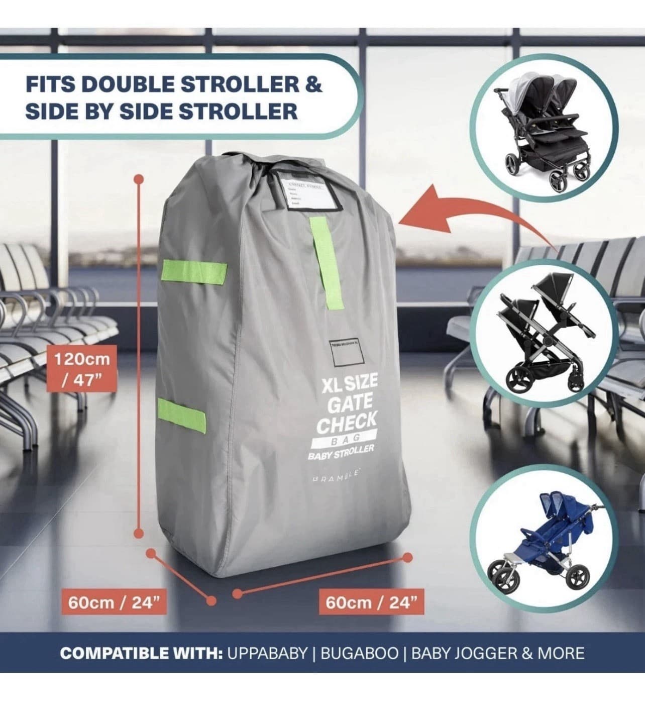 Bramble XL Stroller Gate Check Bag Grey – Waterproof Travel Cover for Strollers 5