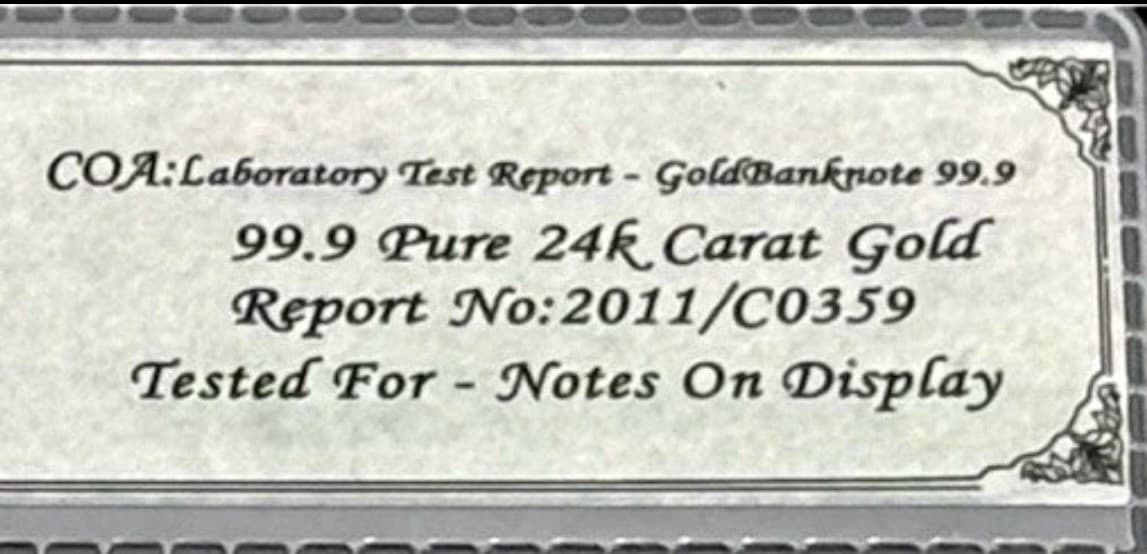 1870 $5 BILL UNITED STATES 24K GOLD BANKNOTE IN PROTECTIVE SLEEVE COA 6