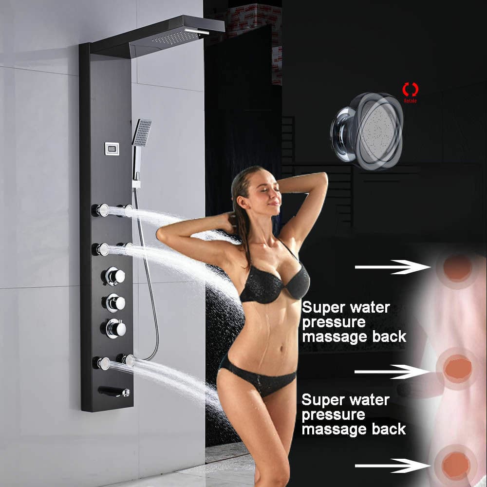 Stainless Steel LED Shower Panel Tower Rain&Waterfall Massage Body Jets System 6