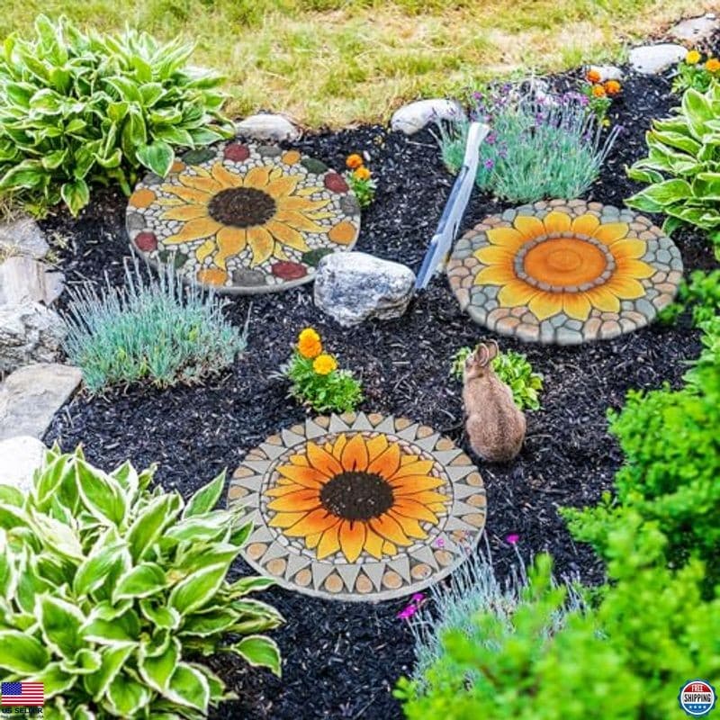 Set of 3 Sunflower Garden Stepping Stones - 10-Inch Decorative Pathway Stones 4