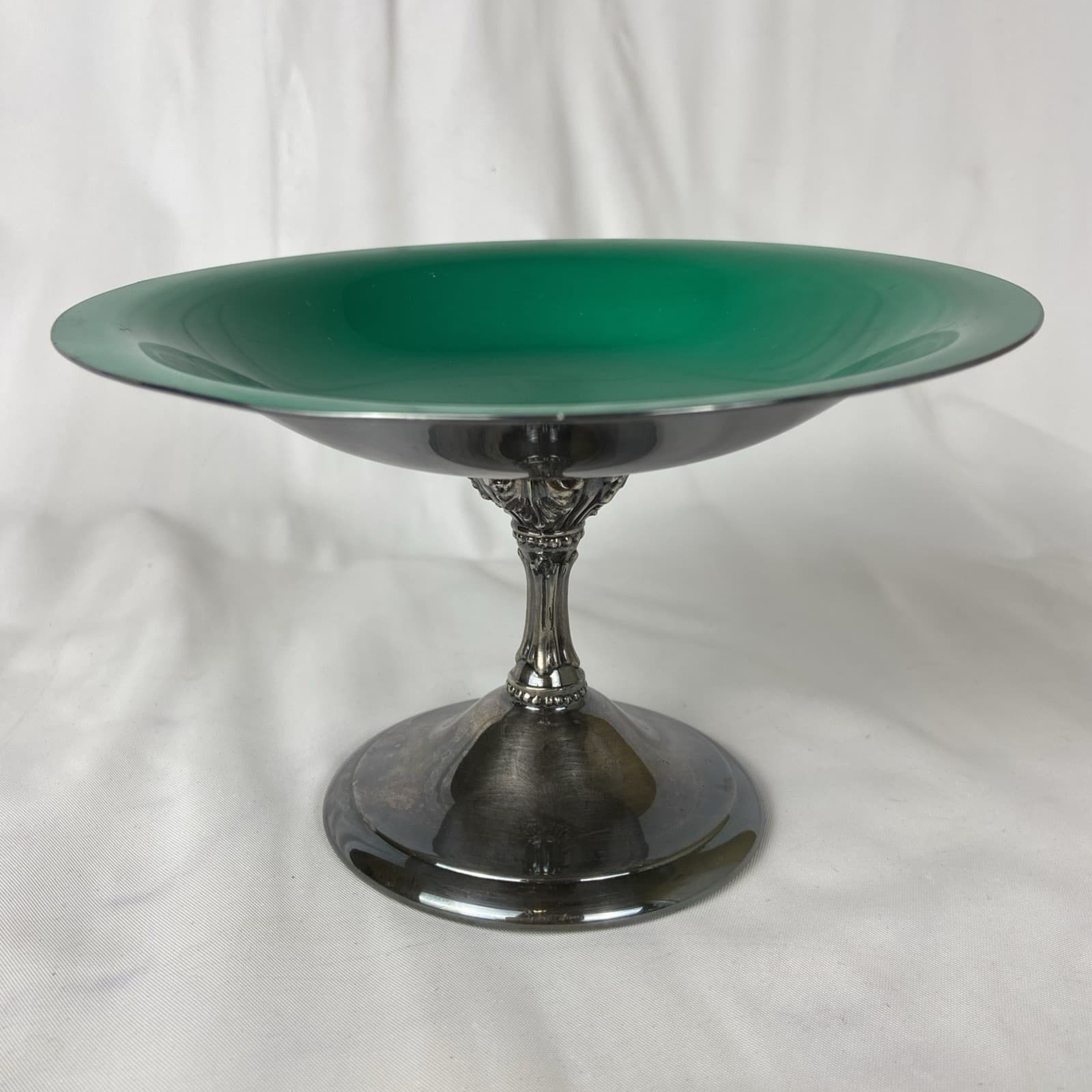 Vintage Reed & Barton Silver Plate Pedestal 141 Green Enamel Round Dish 7" 4