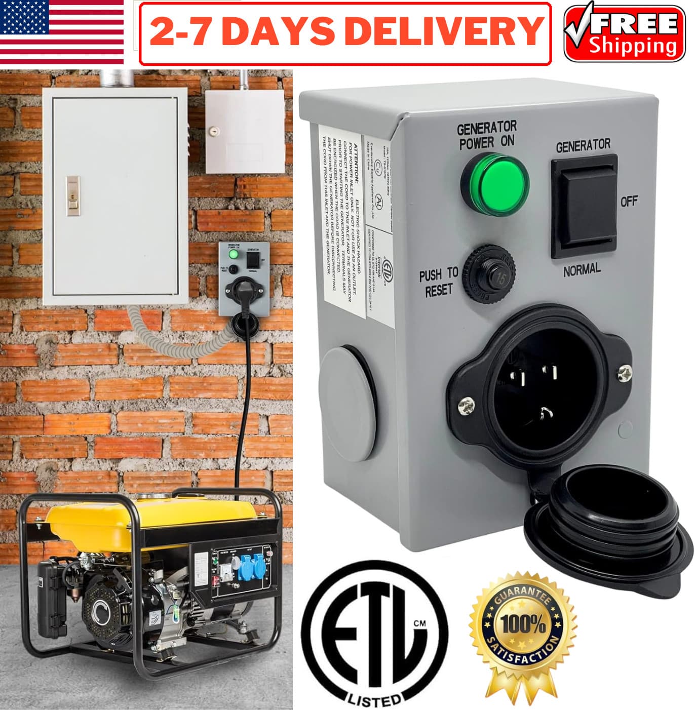 Generator Manual Transfer Switch 15Amp 125V Power Inlet Box Circuit Breaker ETL