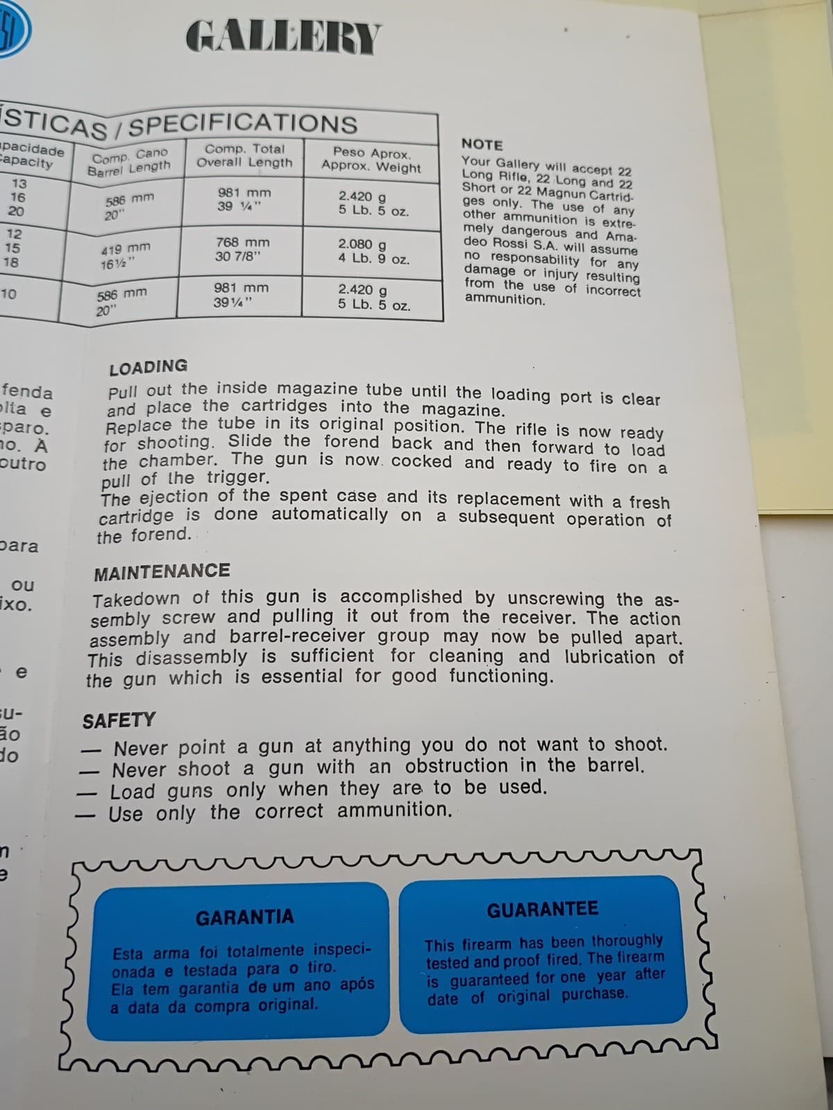 ROSSI Gallery Model  Pump Action Rifle Manual 4