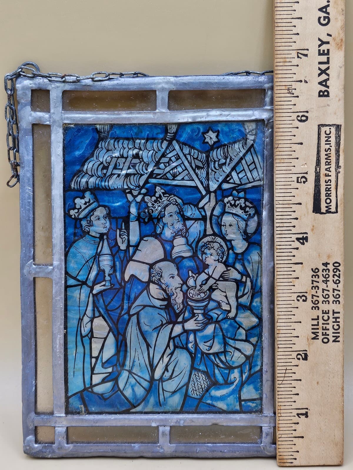 Small Stained Glass Image of the Magi greeting the Christ Child, Blue and Silver 5