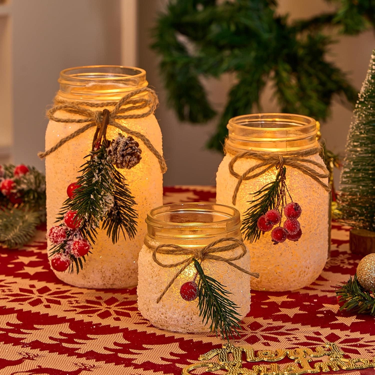 Christmas Centerpieces for Tables, Table Decor with Mason Jar, Flowers, Christma