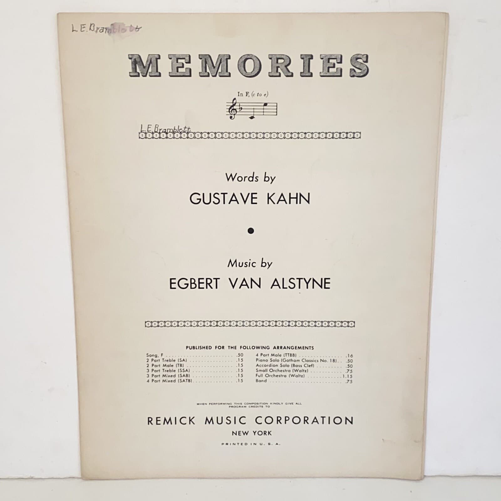 Antique 1919 Memories Sheet Music by Gustave Kahn