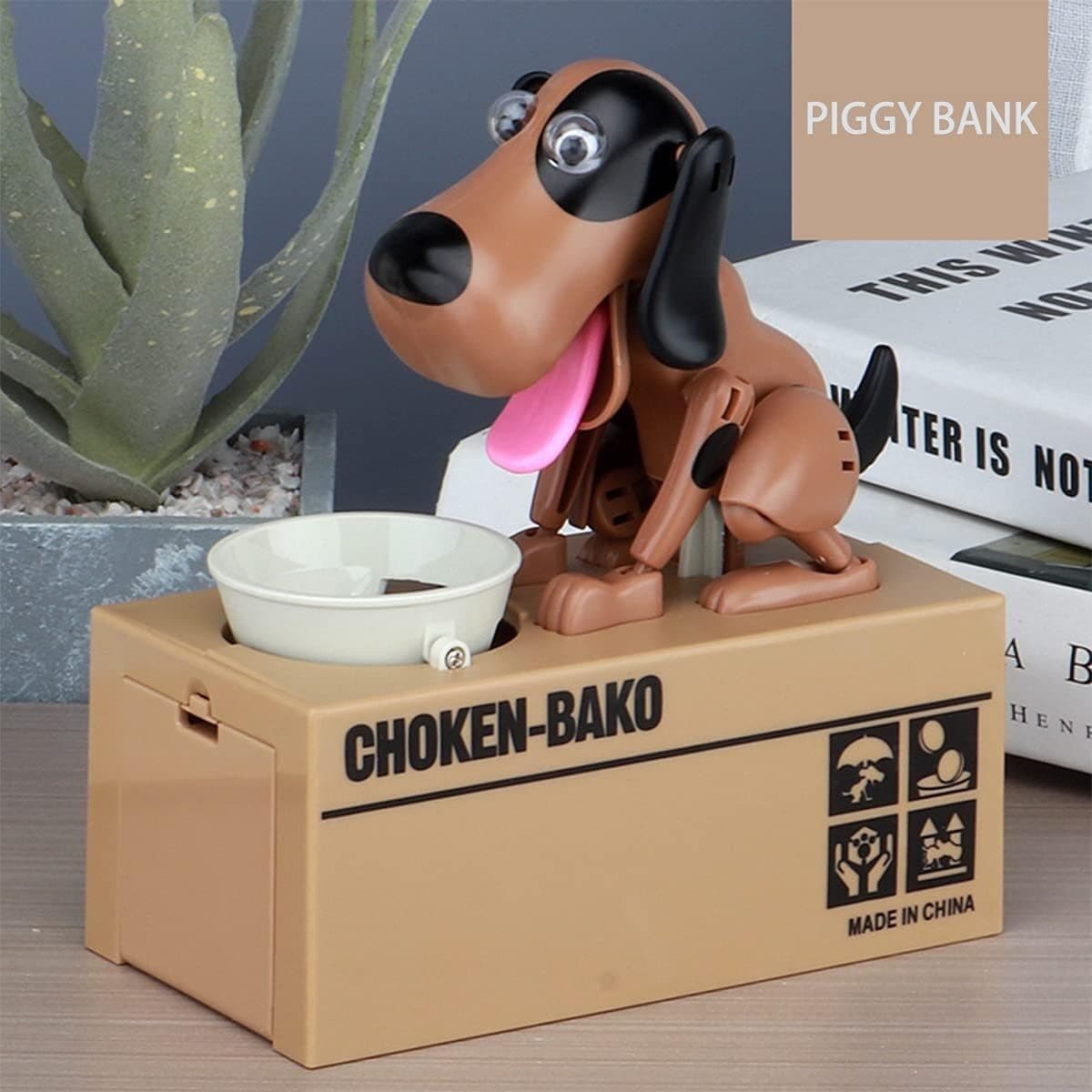 Hungry Puppy Dog Automatic Mechanical Piggy Bank. Brown & Black New In Box 2