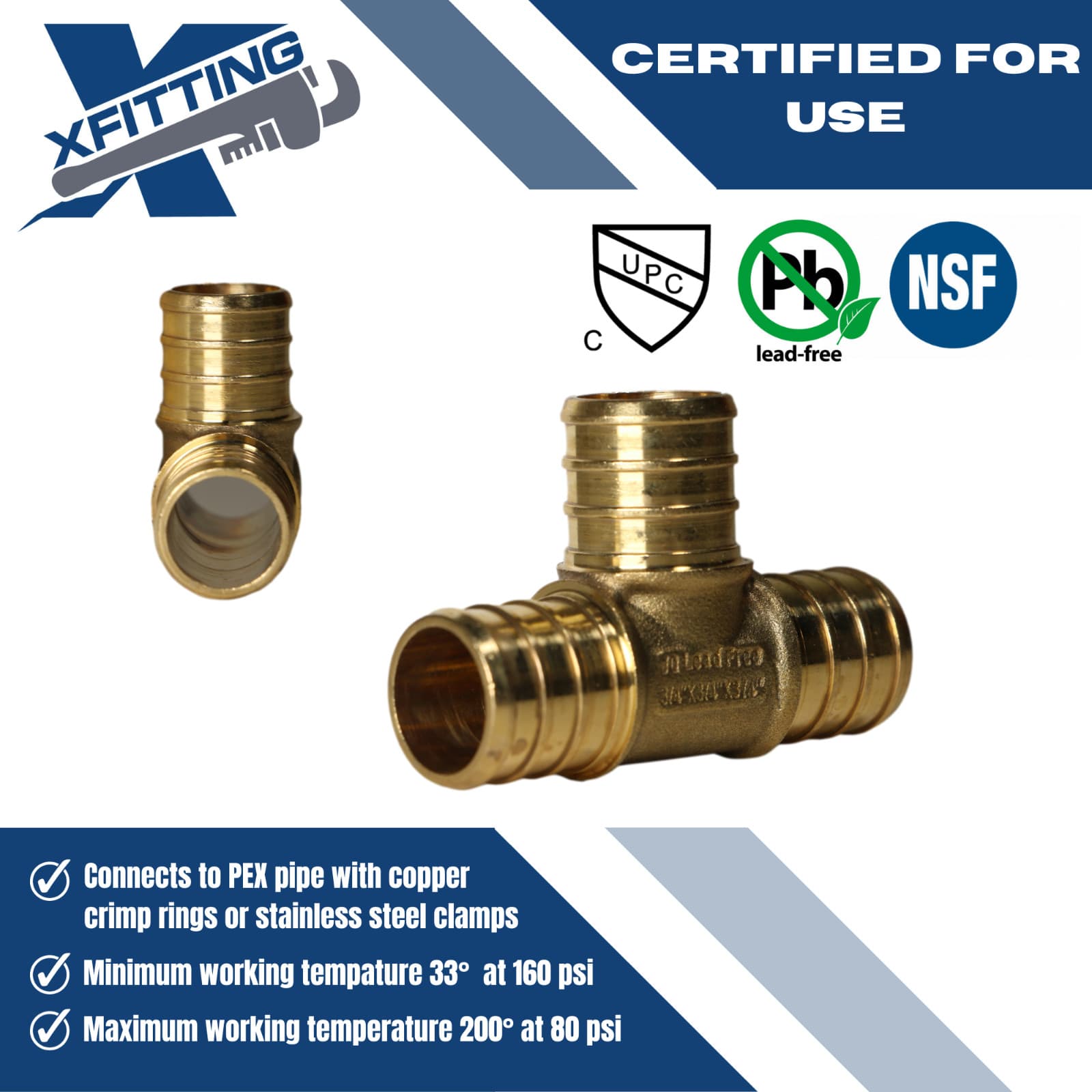 25 Pcs XFITTING 3/4" x 3/4" x 3/4" Pex Tee, 3/4 Pex Barb Crimp, Lead Free Brass 3