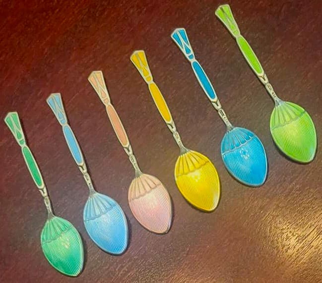 STUNNING Vtg Guilloche Enameled Sterling Silver Art Deco 6 Spoon Set BIRMINGHAM 2