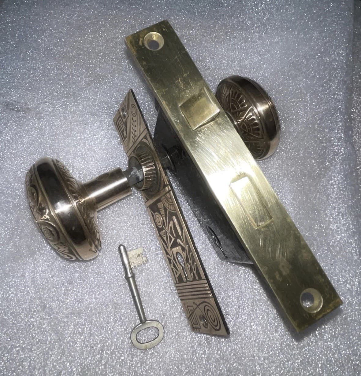 Antique Nashua Mortise &key Lock Set, 2 Backplates, 2 Brass Door Knobs 4