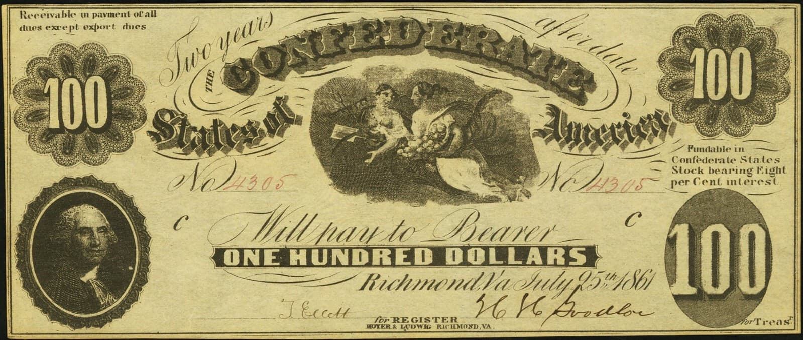 1861 $100 T7 *Reproduction* CSA Currency Washington, Ceres & Proserpina Pictured