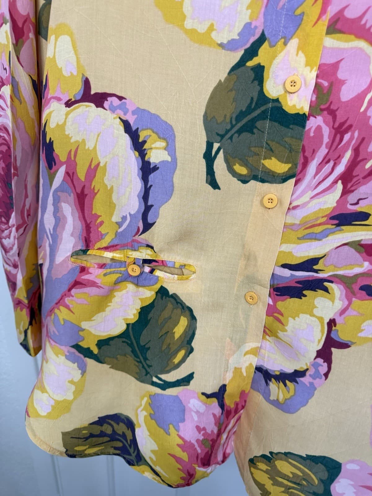 VTG Anne Pinkerton Floral Blouse Asymmetrical Yellow Button Up 90s Medium 2