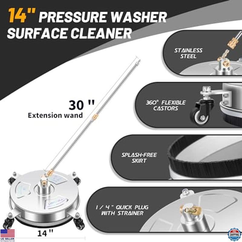 14" Stainless Steel Pressure Washer Surface Cleaner with 4 Wheels - Model PWS14 2