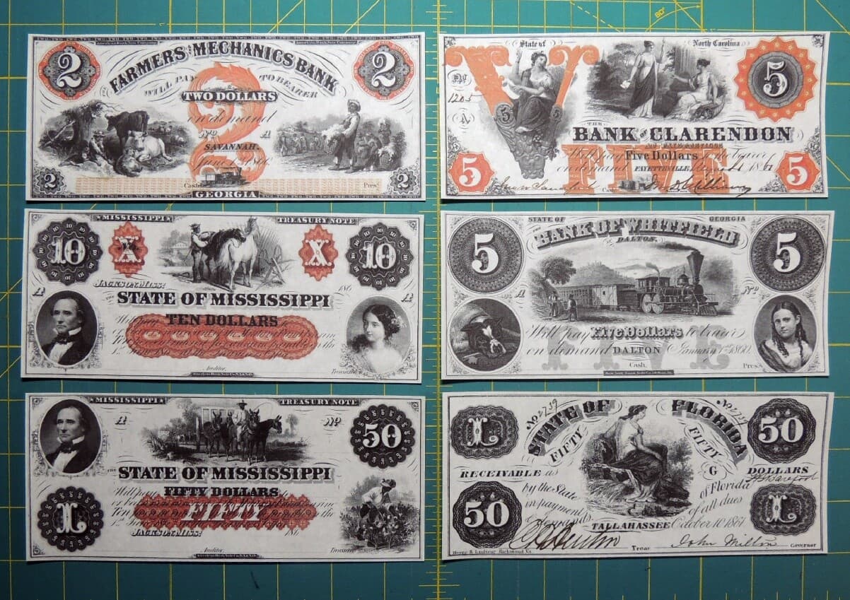 Reproduction Obsolete Bank Notes: Civil War Era 6 Various CSA States Set #3