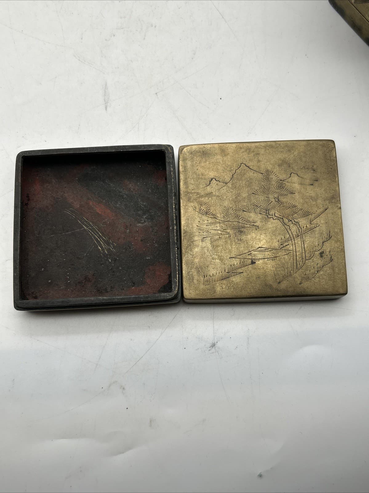 Vintage Brass Bronze Chinese Village Mountain Engraved Ink Box 3x3” 2