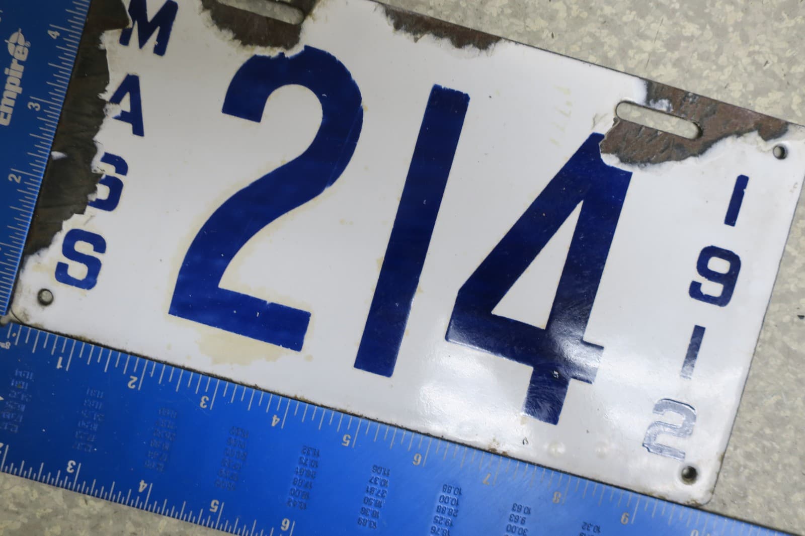 Massachusetts Porcelain 1912 License Plate Tag Ma # Mass Three Digit #214 (AYCF) 3