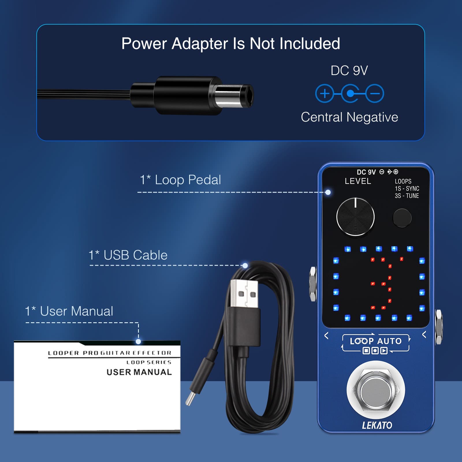 LEKATO Guitar Looper Pedal w/Tuner Unlimited Overdubs 3 Loops 18 Minutes Record