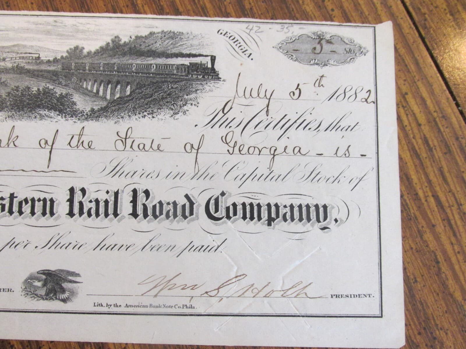 1882 THE SOUTH WESTERN RAIL ROAD COMPANY stock certificate lot BE 4