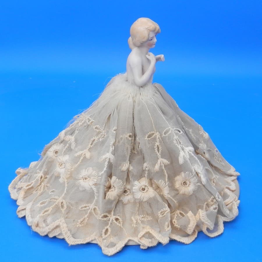 Vintage HALF DOLL PIN CUSHION Porcelain Figurine Bathing Beauty HANDS AWAY 2
