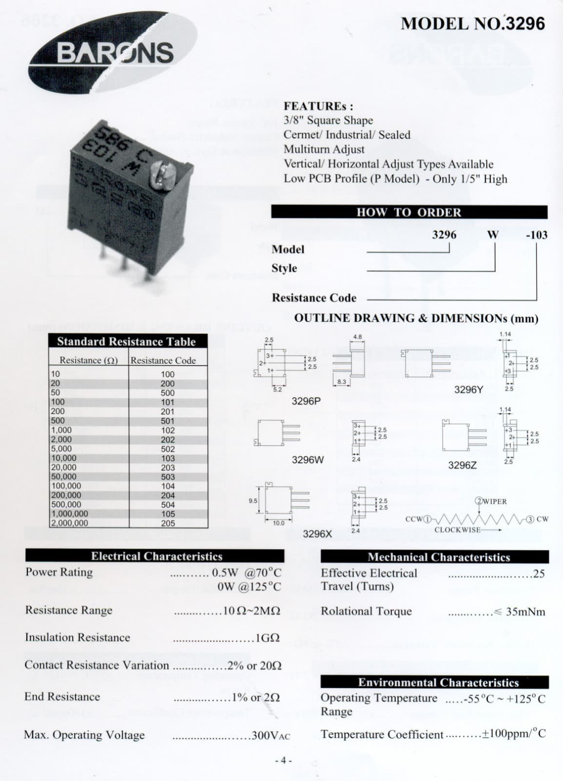 5X 3296W-1-253 BARONS Multi Turn Trimmer Resistor 25K Ohm 10% Potentiometer 3/8" 2