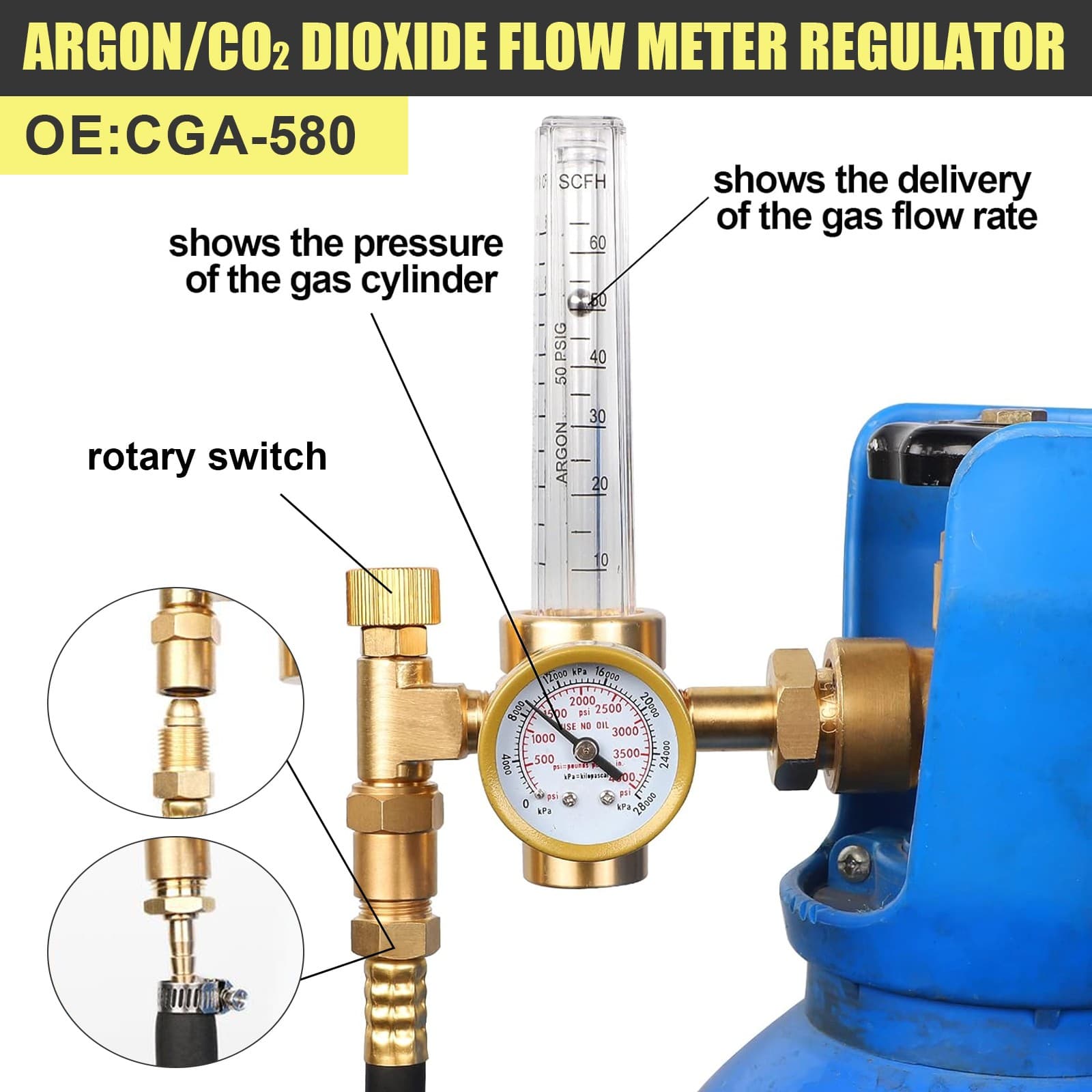 CO2 Argon Flow Meter Gas Regulator Gauge with Gas Hose Mig Tig Welding + Hose 4
