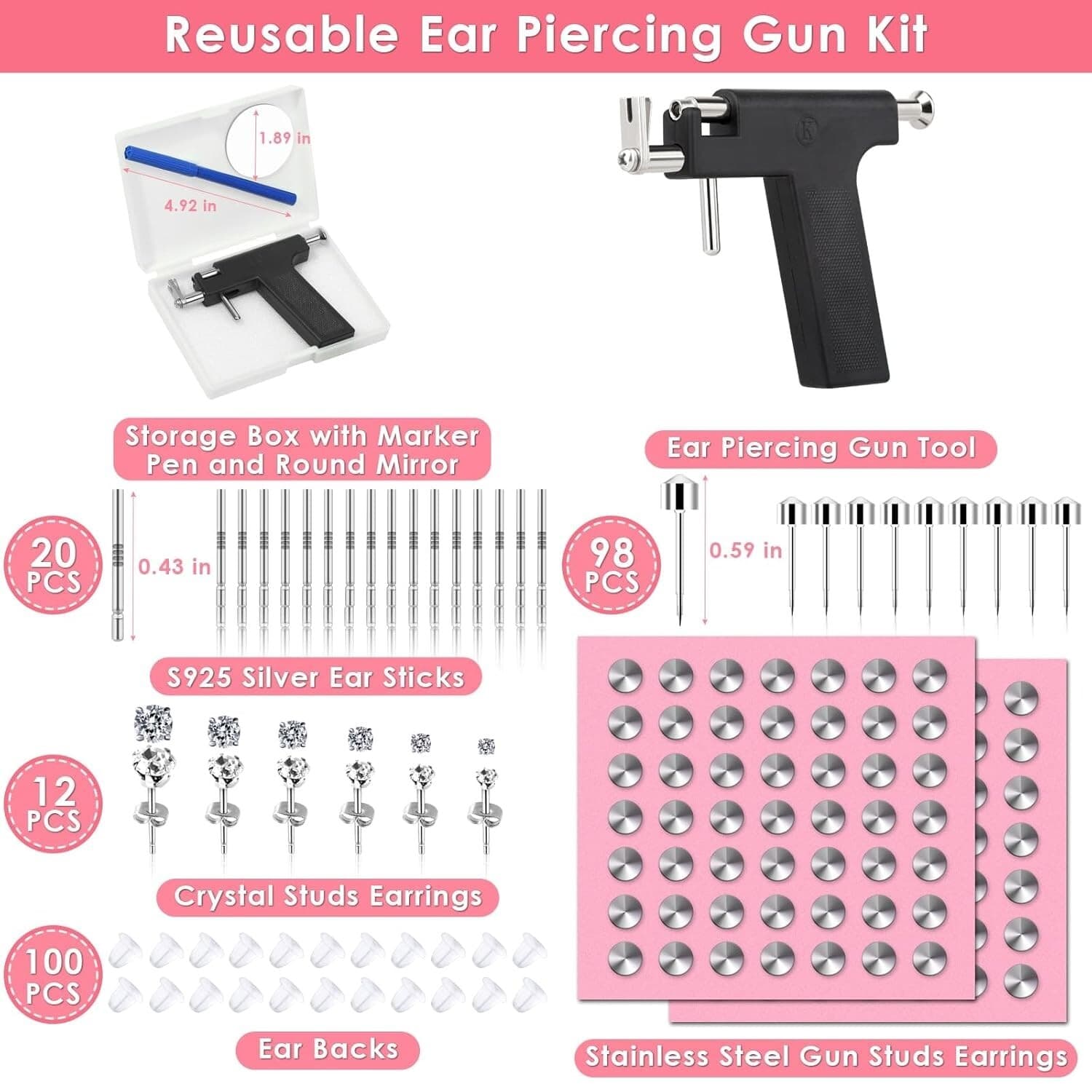 Professional Ear Piercing Gun Kit, Reusable with Stainless Steel Piercing Studs 5