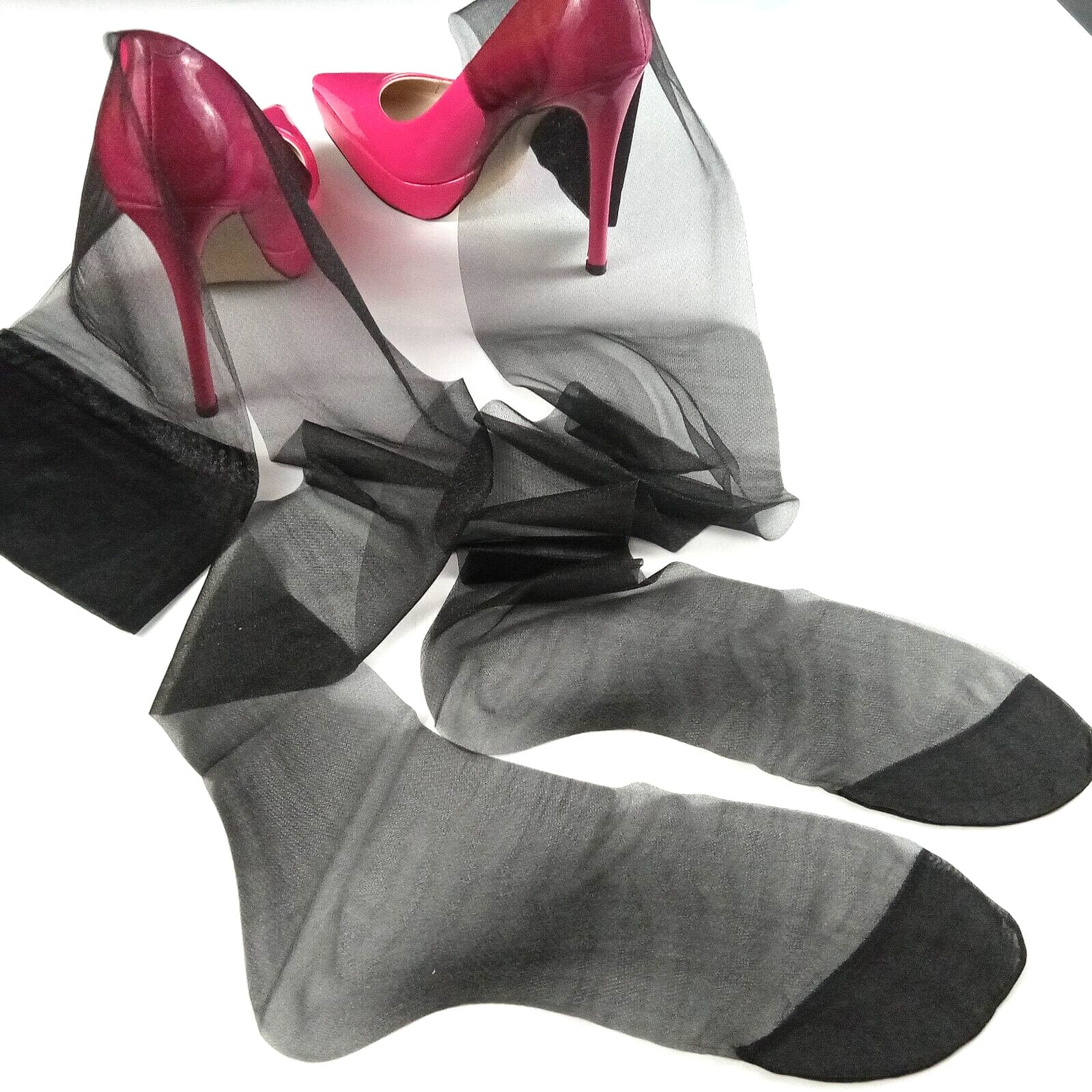 SZ 10 VTG GLITTER WET LOOK SEXY GLOSSY BLACK GARTER STOCKINGS 1 PR HOSIERY 2