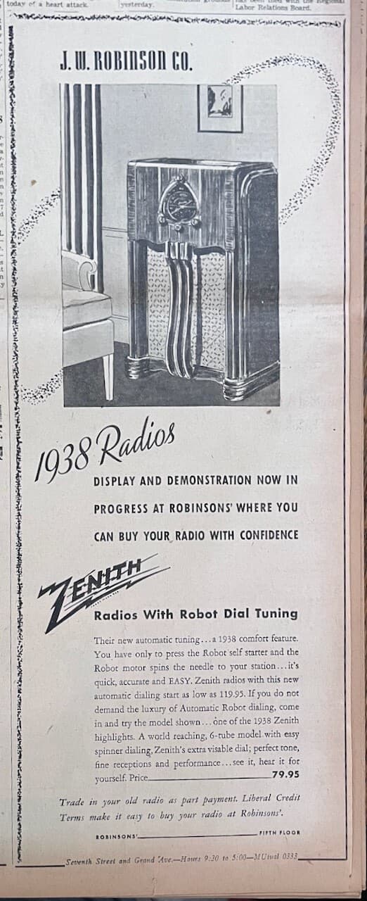 1937 newspaper ad for Zenith Radios - 1938  radios with Robot Dial Tuning