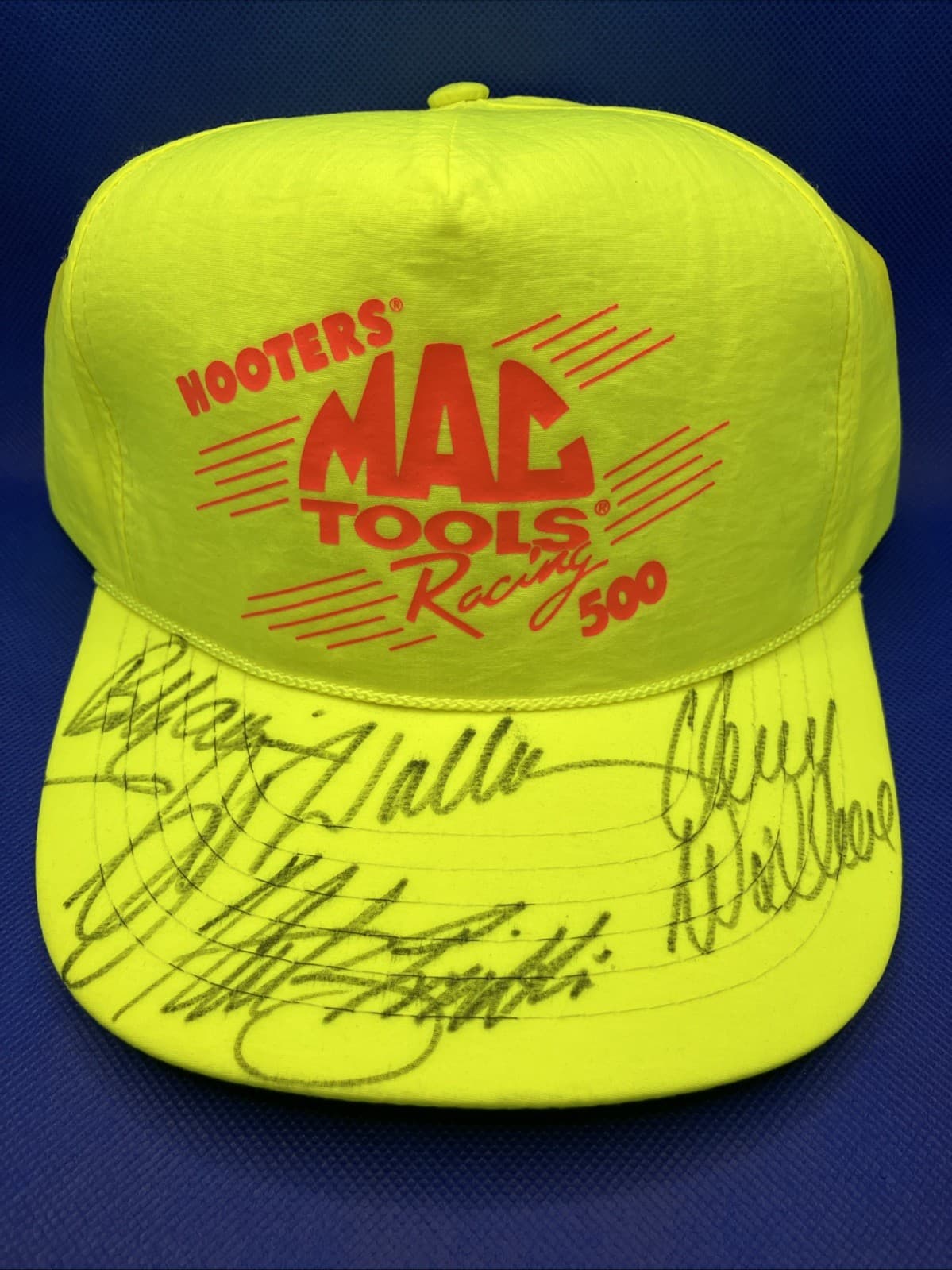 NASCAR HOOTERS’ 500 MAC Tools Racing 1992 Neon Yellow Snap Back Hat Autographed