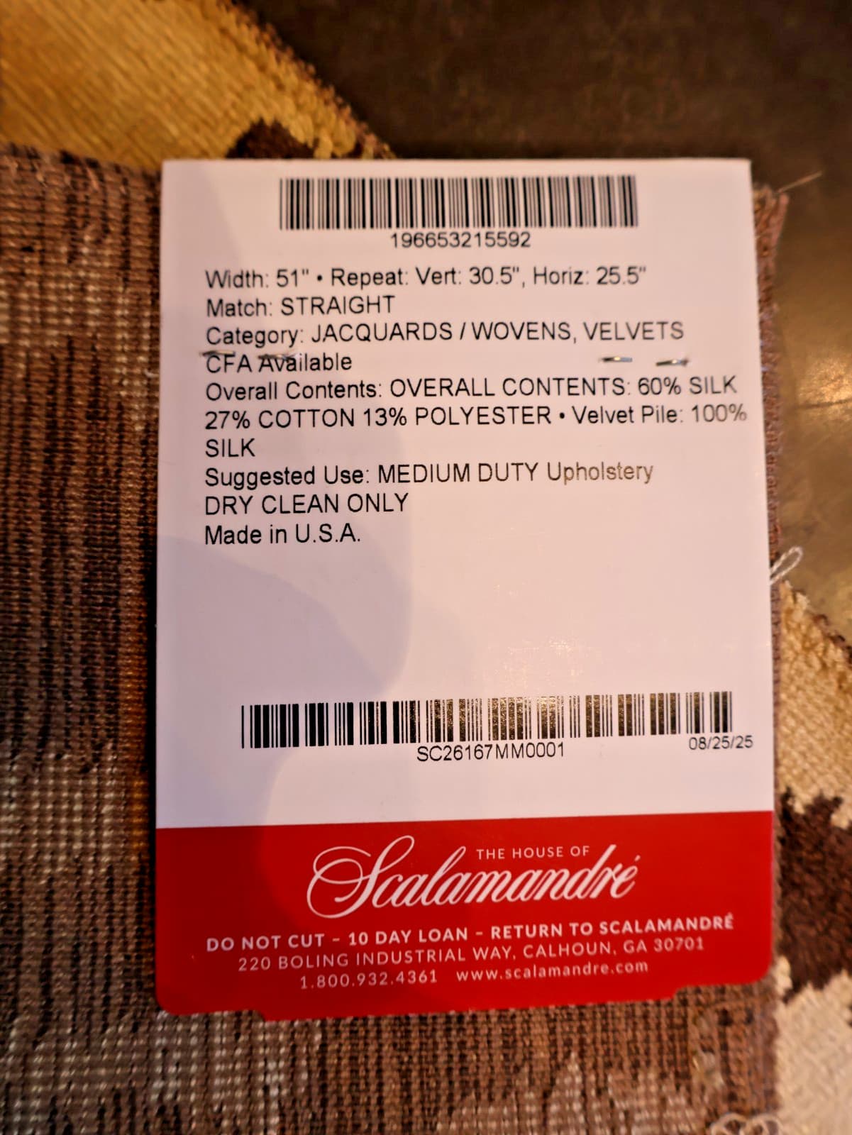 New SCALAMANDRE DESIGNER FABRIC SAMPLE Old World Silk Tiger Gold 12" x 10.675" Q 2