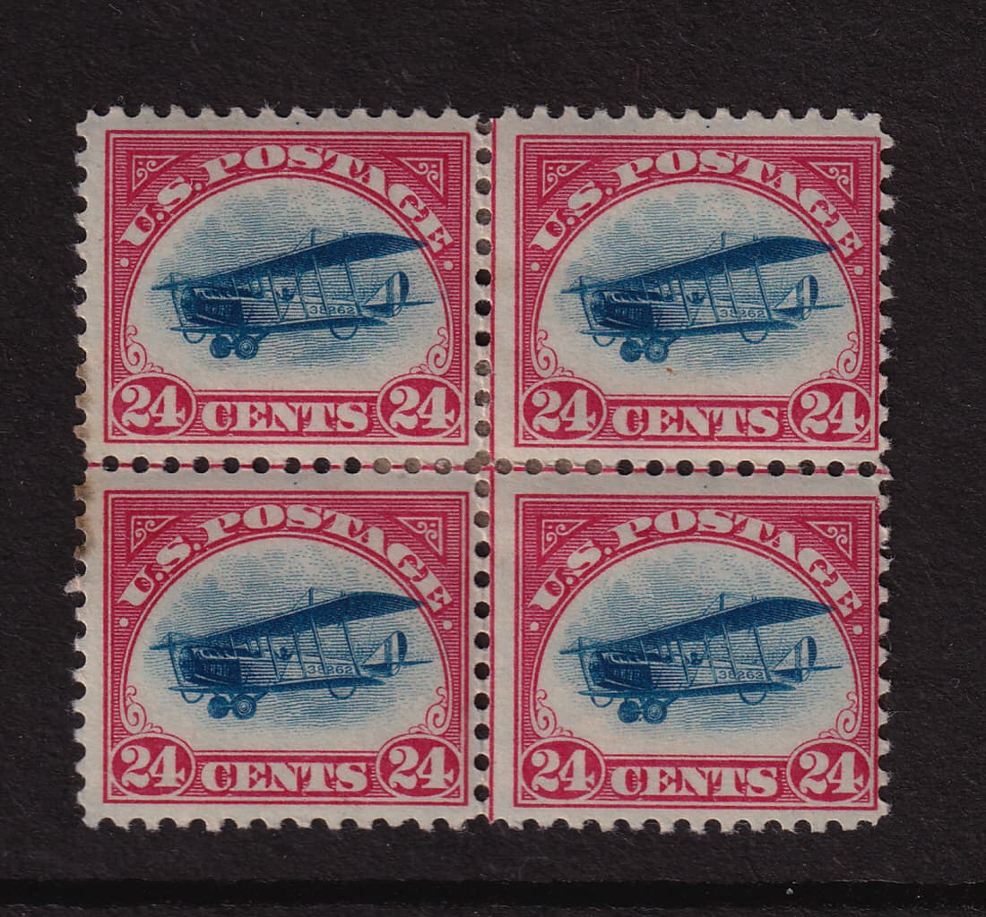 1923 Curtiss Jenny airmail Sc C3 center line block MHR with OG single CV $350