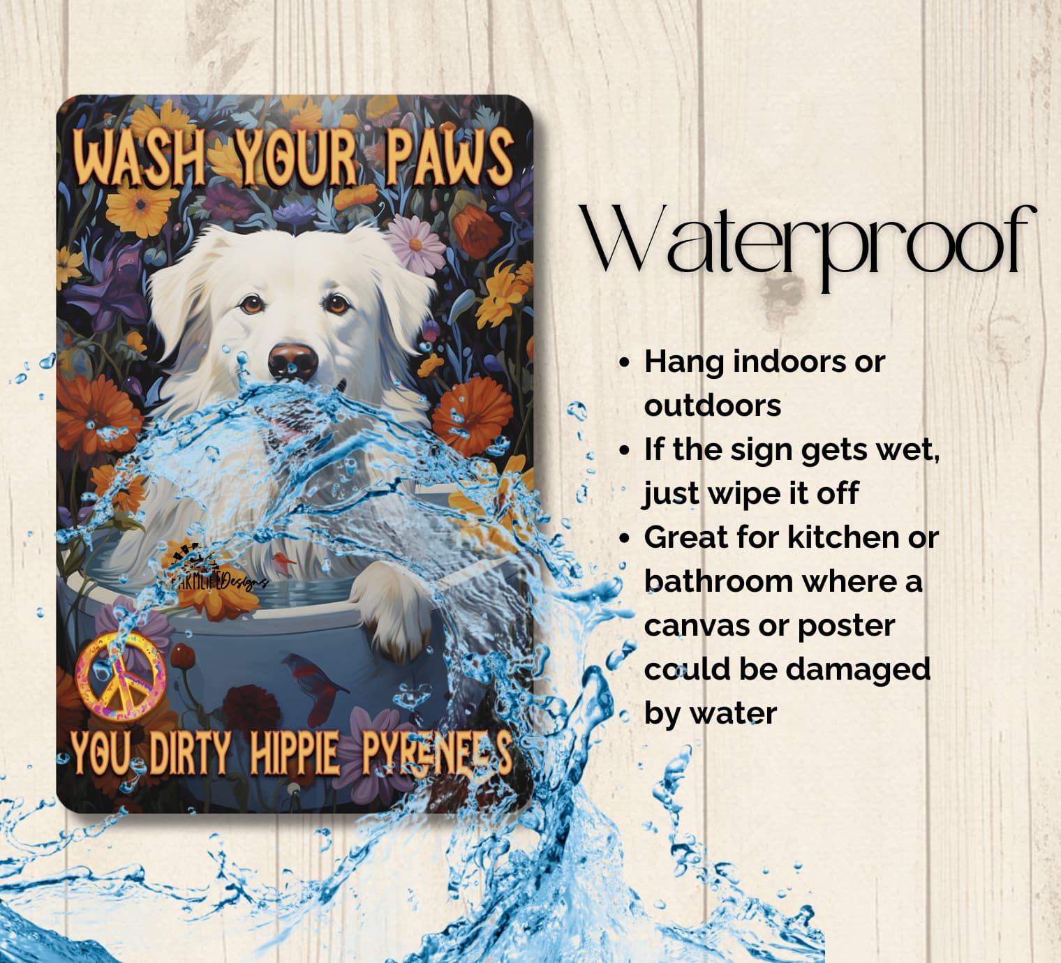 Great Pyrenees Bath Sign Wash Your Paws retro bathroom metal tin dog tub hippie 3