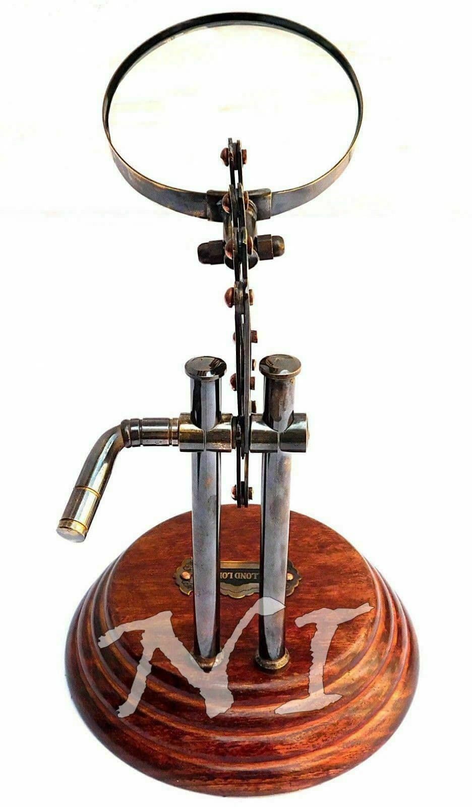 Old Desktop Channer Magnifier Brass Vintage Magnifying Glass on Wooden Stand 6