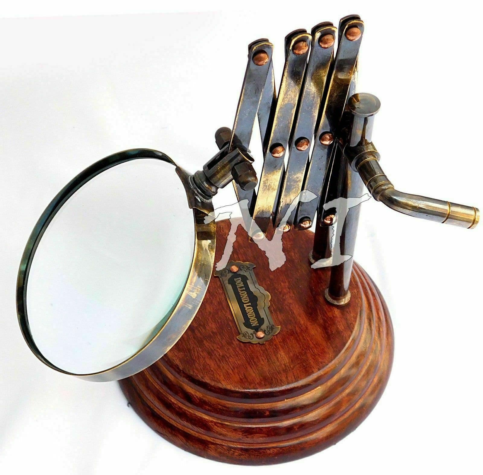 Old Desktop Channer Magnifier Brass Vintage Magnifying Glass on Wooden Stand 3