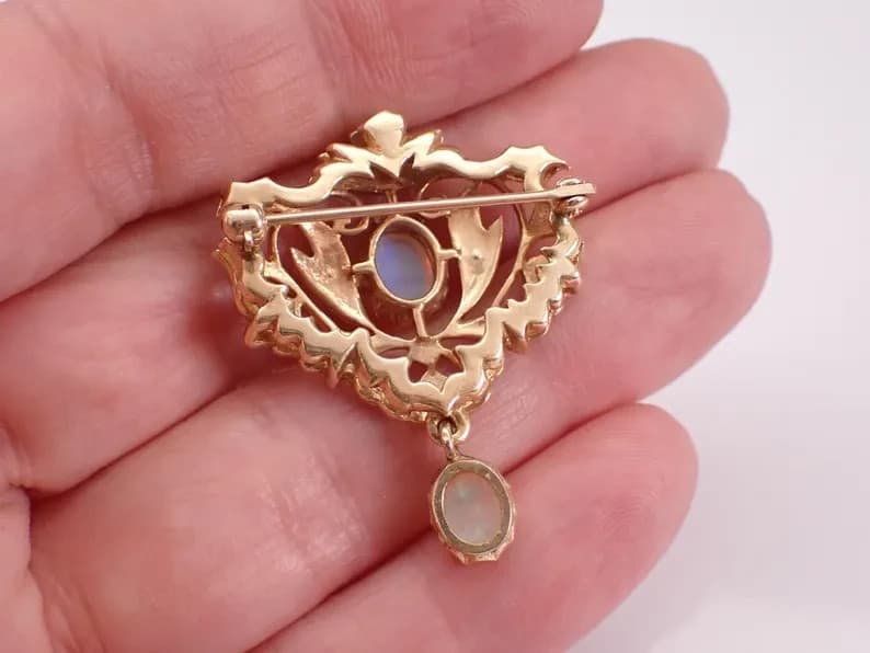 2.20Ct Oval Natural Fire Opal Vintage Estate Brooch Pin 14K Yellow Gold Plated 5