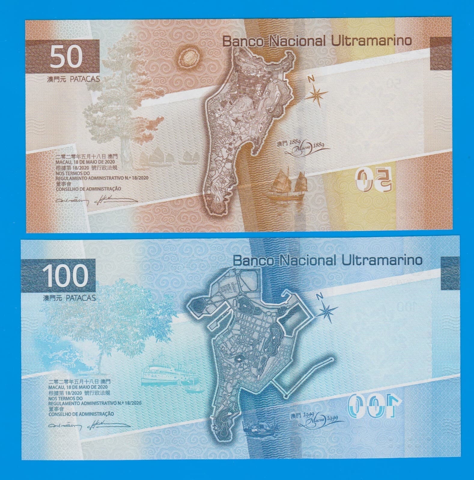 Macau 2 notes, 50 + 100 Patacas P 92 + 93 New 2020 ( 2025 ) UNC Macao BNU Bank 2