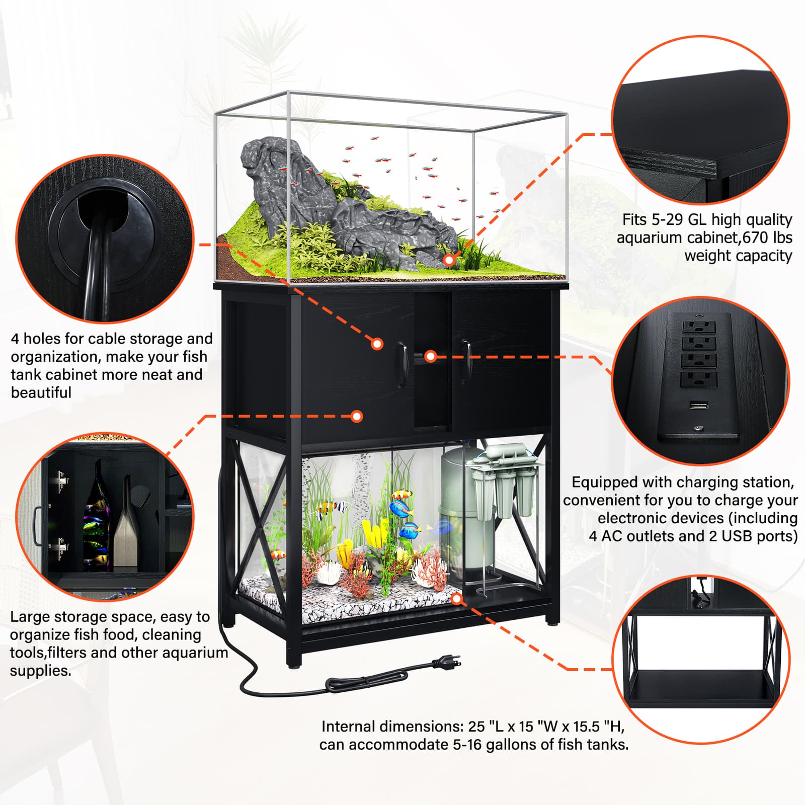 TC-HOMENY 29 Gallon Aquarium Stand Cabinet with Charging Station Fish Tank Stand 3
