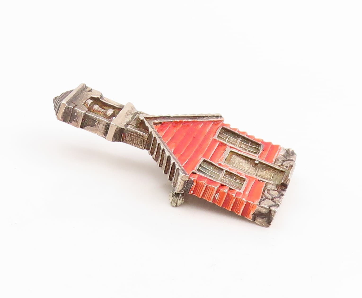 925 Sterling Silver Vintage Brooch Red Enameled Schoolhouse With Bell  BP12046 3