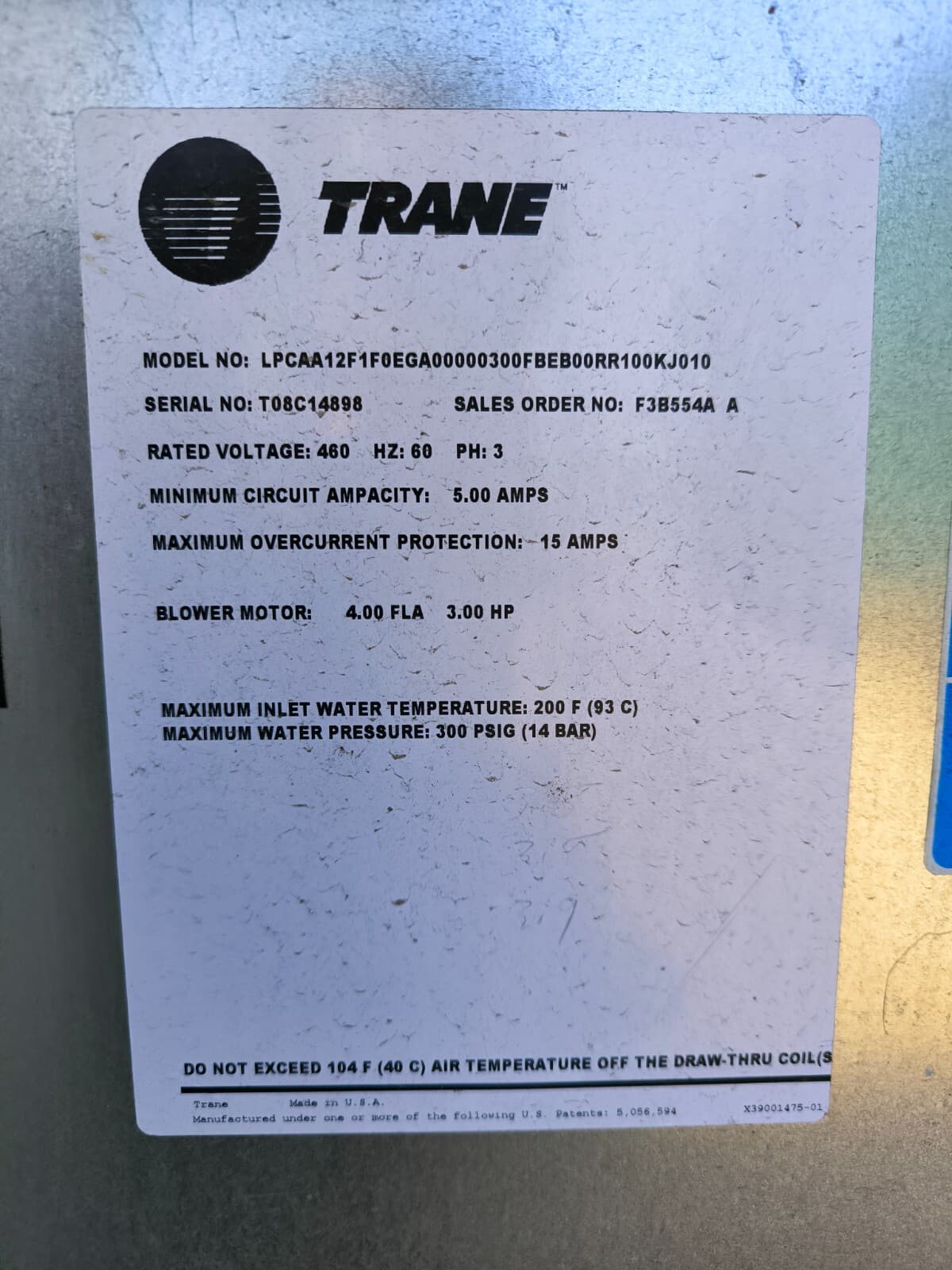 Trane LPC Air Handler Rooftop Mount Low Pressure Climate Changer 460 Volt 2