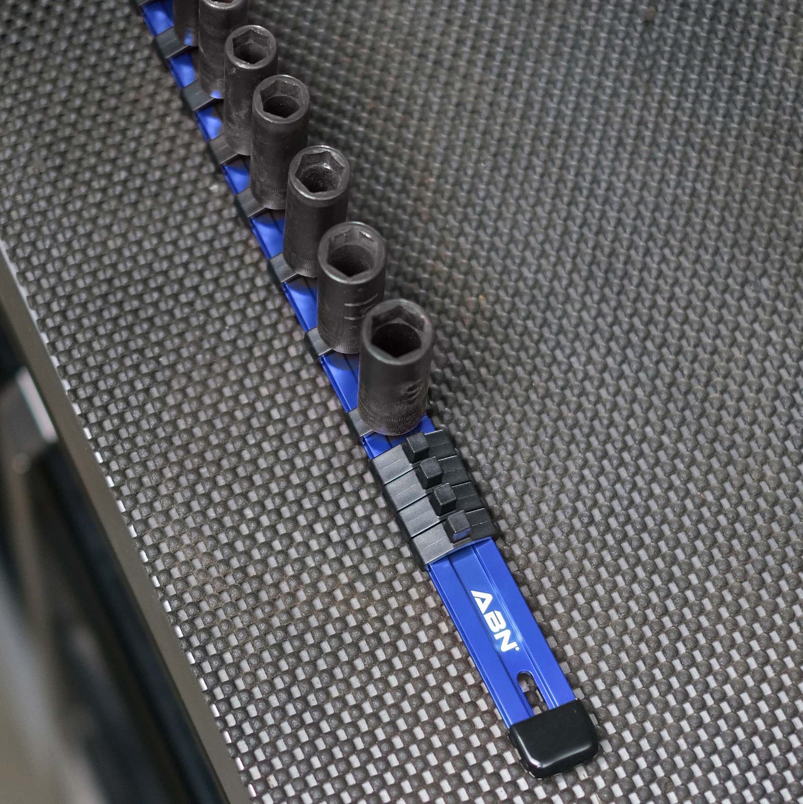 ABN Blue Aluminum SAE 3/8" Inch Drive Socket Holder Rail & Clips Tool Organizer 6