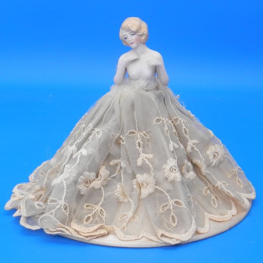 Vintage HALF DOLL PIN CUSHION Porcelain Figurine Bathing Beauty HANDS AWAY 5