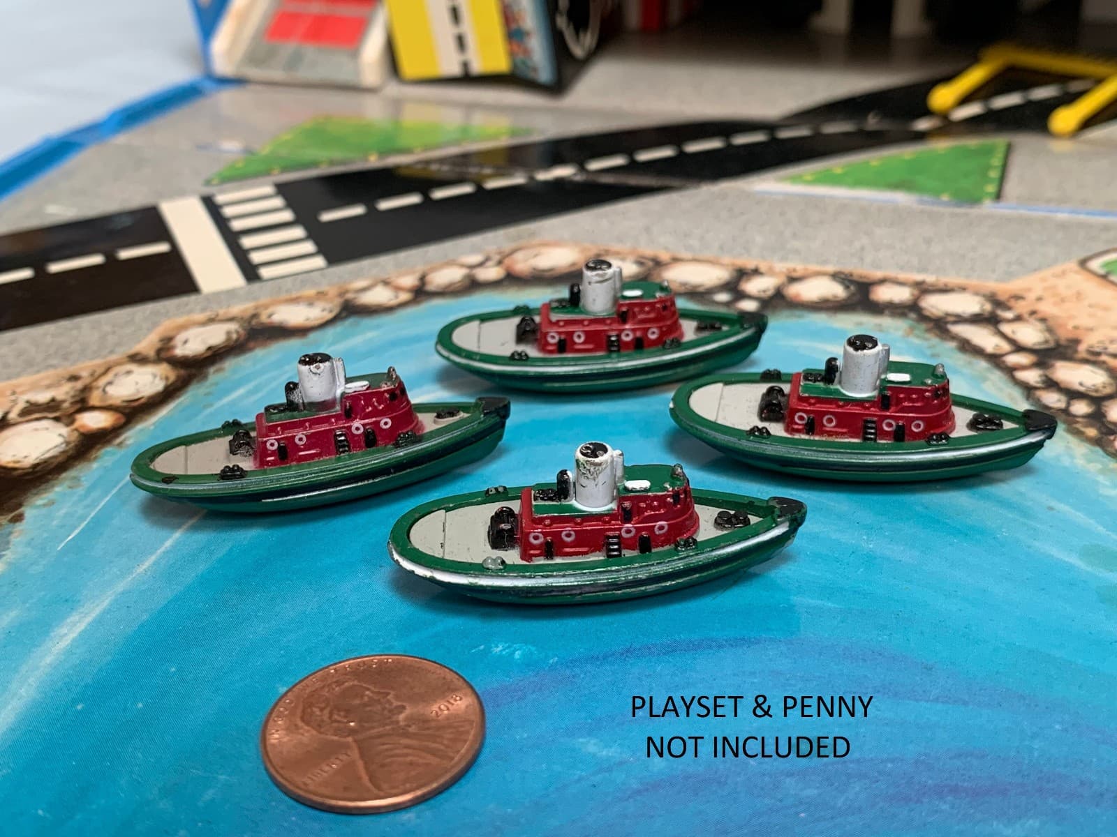 4 1987 VINTAGE 1 1/2" MINIATURE MICRO MACHINES TUG BOATS MARINE TOW GREEN GALOOB 4