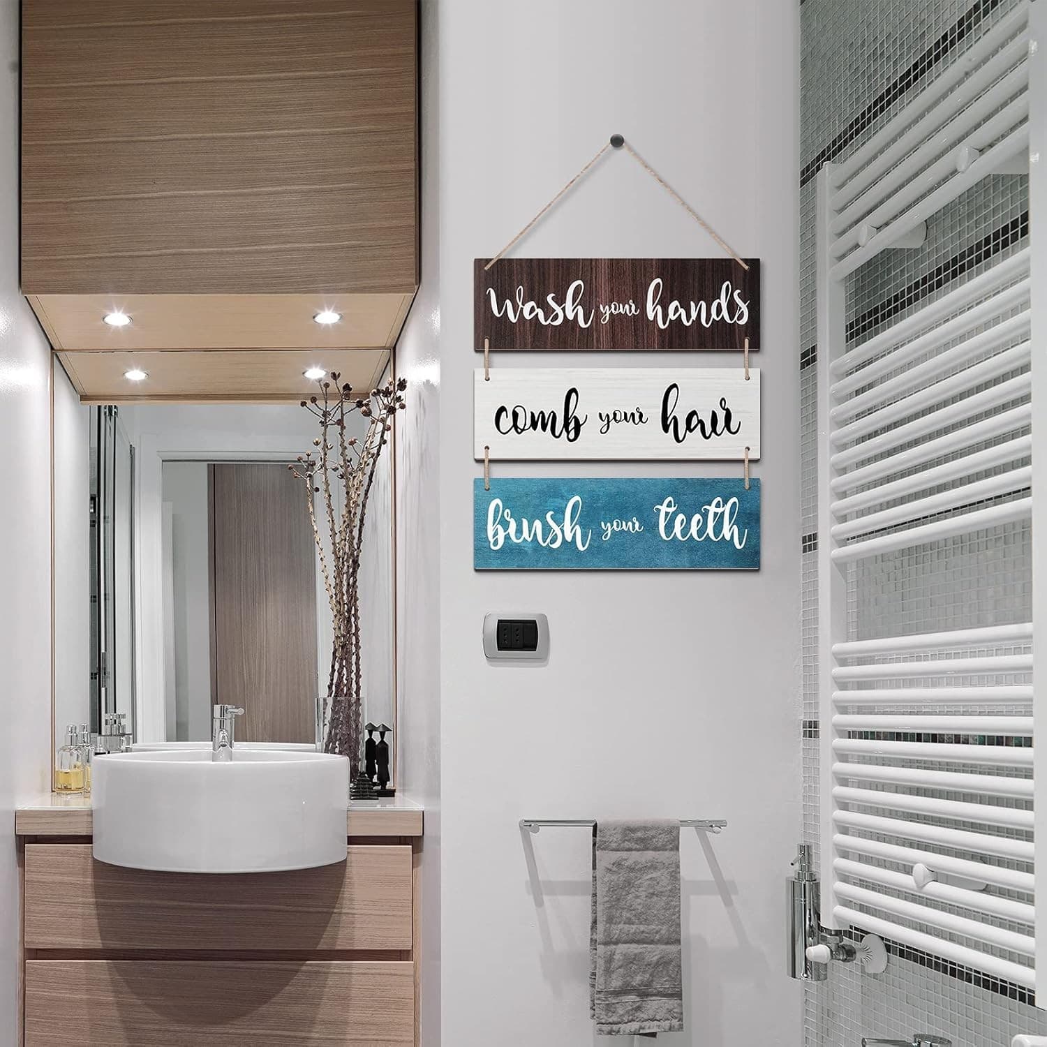 Bathroom Wall Art Rustic Wood Sign Funny Bath Rules Decor Brown White 4