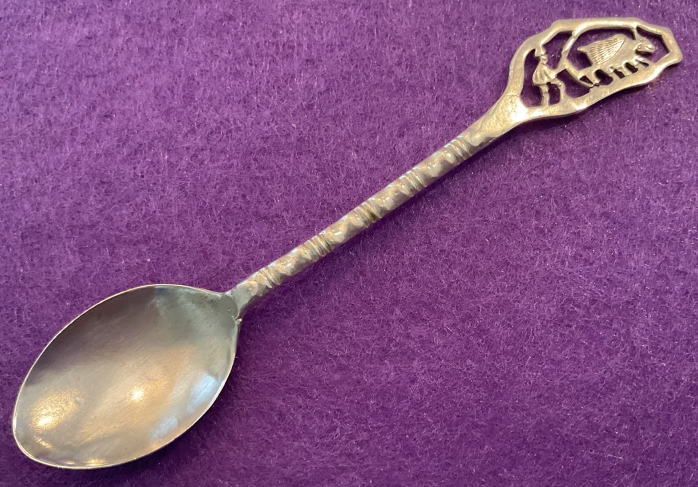 Asian Man Plow Rice with Water Buffalo Ox 4.75" Silver Souvenir Spoon Taiwan 2