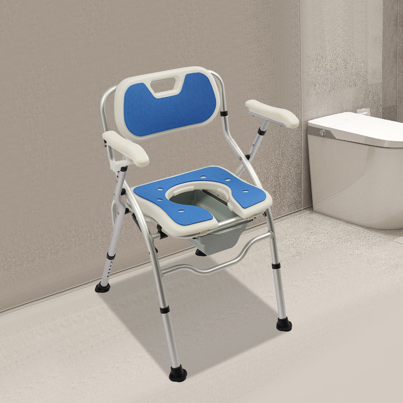Bedside Shower Chair Commode Chair w/ Backrest & Armrests Height Adjustable 2