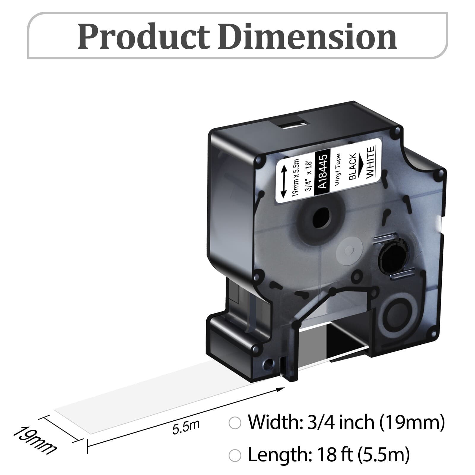 1PK Black on White IND Vinyl Label Tape 18445 for Dymo Rhino 6500 6000 3/4" 4