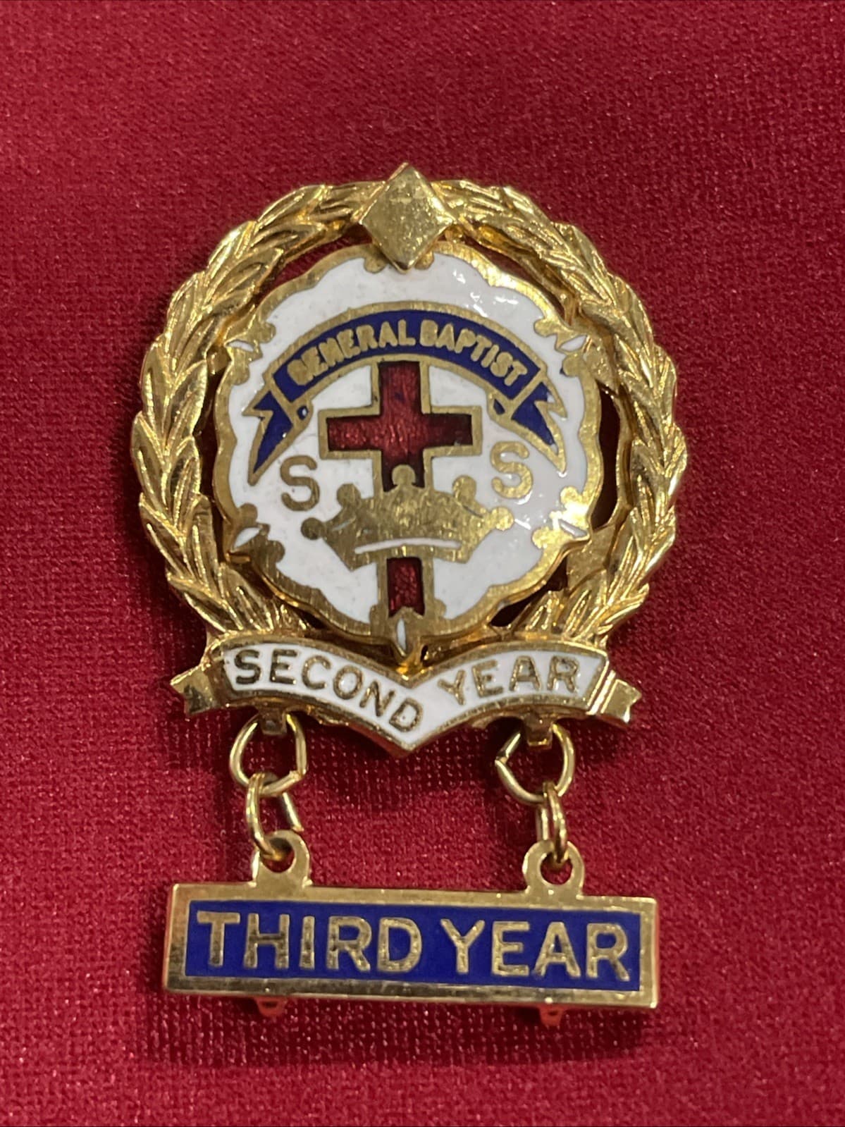 18K HGE General Baptist Third Year Sunday School Perfect Attendance Pin Brooch