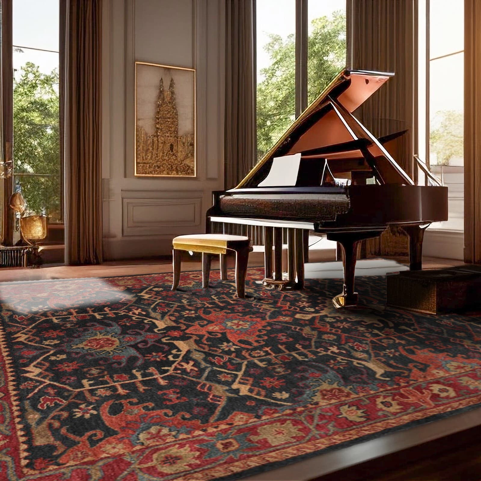 Arts & Crafts Multi Sizes Handmade 100% Wool Area Rug-Dark Blue, Wine, Orange 2