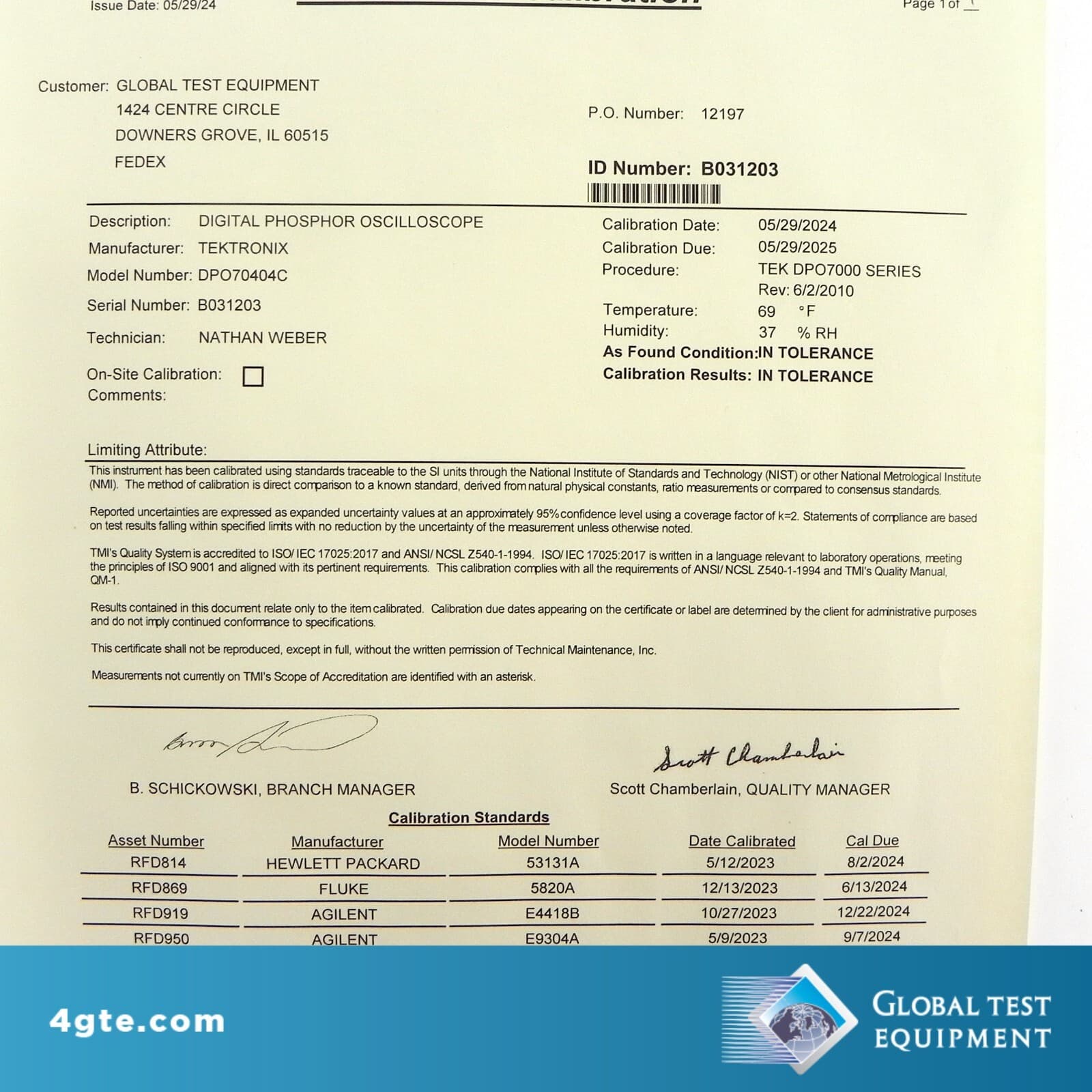 Tektronix DPO70404 Digital Oscilloscope, 4-Channel, 4-GHz CALIBRATED w TCA-BNC 6